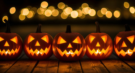 Captivating carved pumpkins radiate a warm, spooky glow on a rustic wooden surface, ideal for creating an unforgettable Halloween atmosphere and festive seasonal decor.の素材