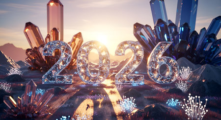 Embrace the future with stunning 2026 crystal numbers, illuminated by radiant sunlight and surrounded by majestic gem formations and sparkling flora.の素材