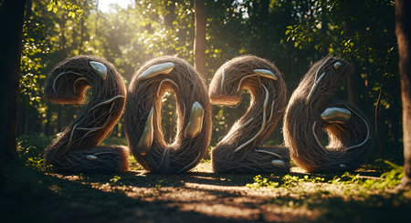 Embrace the future with this unique 2026 design, naturally crafted from twigs and metallic accents, bathed in warm forest sunlight, perfect for new beginnings.の素材
