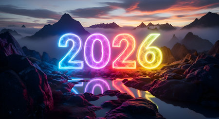 Inspiring 2026 neon numbers illuminate a dramatic mountain vista, reflecting in calm waters, perfect for representing new beginnings and future innovation.の素材