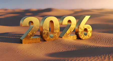 Embrace the future with this radiant golden 2026 set against a breathtaking desert landscape, perfect for conveying ambition and new beginnings.の素材