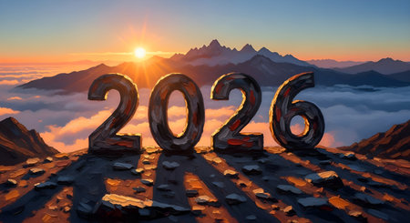 Majestic 2026 numbers emerge from clouds at sunrise, symbolizing future hope and new beginnings against a stunning mountain backdrop. Inspiring vision.の素材