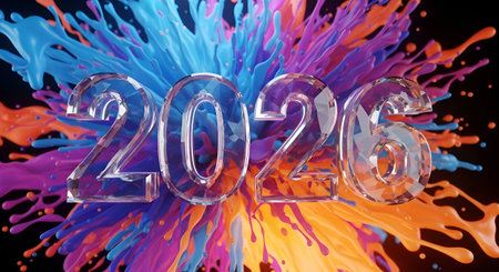 Ring in the future with stunning crystal 2026 numbers erupting in a spectacular burst of vibrant colors, symbolizing exciting opportunities and dynamic beginnings.の素材