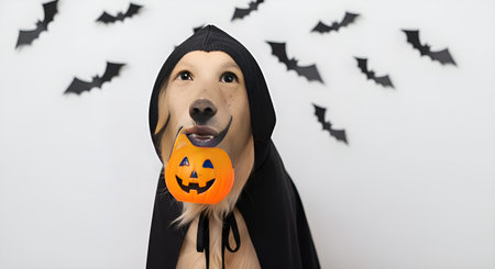 Capture the spirit of Halloween with this adorable dog dressed in a vampire costume holding a candy pumpkin, perfect for festive holiday promotions.の素材