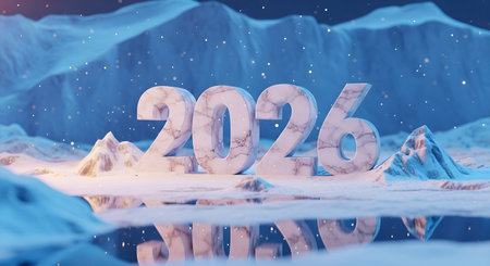Ring in the New Year with this breathtaking scene! Majestic 2026 numerals rise from a pristine, snowy landscape, perfect for festive designs and future-focused campaigns.の素材
