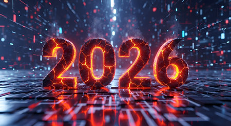 Ignite your projects with the powerful energy of 2026, a dynamic molten concept set against a futuristic digital backdrop symbolizing innovation and progress.の素材