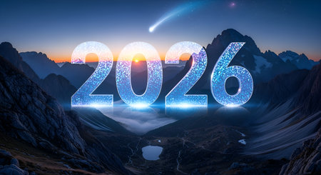 Experience the dawn of a new era with the radiant year 2026 sparkling amidst breathtaking mountain vistas at sunset, inspiring hope and ambition.の素材