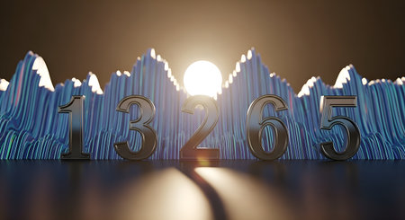 Striking 3D visual featuring metallic numbers dramatically presented against a glowing, abstract digital landscape, perfect for finance, tech, or data-driven narratives.の素材