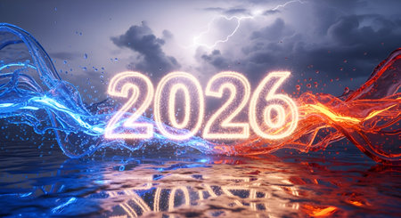 Experience the powerful transition into 2026 with a stunning visual of contrasting fiery and icy elements, set against a dramatic stormy sky, symbolizing innovation and future potential.の素材