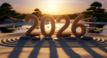 Welcome peaceful new beginnings with the year 2026 elegantly displayed amidst a tranquil Japanese garden as a golden sunset casts a serene glow, inspiring hope and renewal.の素材