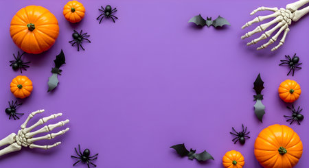 Festive Halloween frame bursting with pumpkins spiders bats and skeleton hands against a vibrant purple backdrop ideal for invitations decor and seasonal promotionsの素材