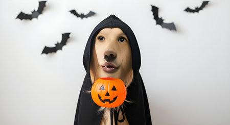 Capture the spirit of Halloween with this charming dog dressed as a ghost, ready for trick or treating! Perfect for festive promotions and holiday cheer.の素材
