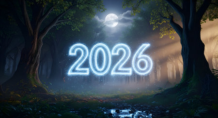 Step into a realm of wonder as glowing 2026 numbers pierce the mystical forest night, bathed in ethereal moonlight. Inspire dreams of the future.の素材