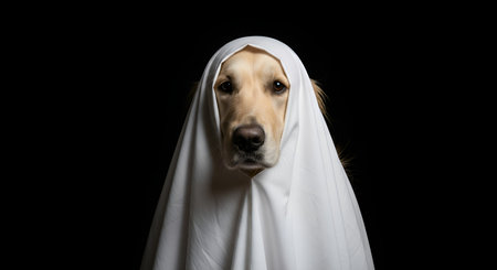 Capture hearts with this charming Golden Retriever dressed as a playful ghost, radiating innocent delight and festive Halloween spirit for your creative projects.の素材