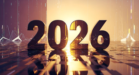 Experience the dawn of a new era with the bold 2026 numbers, glowing with golden light and set against a dynamic futuristic cityscape, inspiring innovation and ambition.の素材