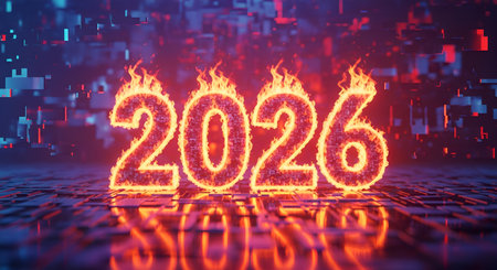 Embrace the thrilling potential of 2026 with this stunning fiery numeral concept, perfect for driving excitement and igniting ambitious projects.の素材