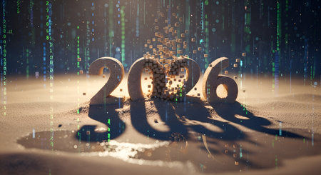 Dynamic 2026 year concept with digits dissolving into digital streams and particles, representing future innovation, technology, and transformation.の素材