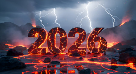 Ignite your projects with the raw power of 2026 volcanic eruption and fierce lightning storm, symbolizing transformation and dynamic new beginnings.の素材