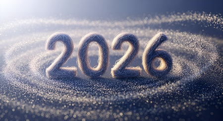 Capture the excitement and wonder of a new year with this dazzling display of glowing particles and the prominent year 2026, perfect for festive promotions and future-focused concepts.の素材