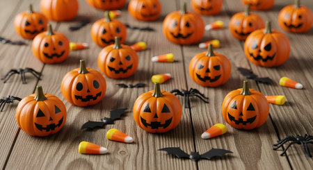 Capture the spirit of spooky season with this charming arrangement of carved pumpkins, candy corn, and creepy crawlies on rustic wood. Perfect for festive holiday designs.の素材