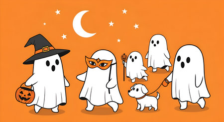 Whimsical cartoon ghosts dressed for Halloween, carrying pumpkins and trick or treat bags, walk with a playful dog under a starry night sky.の素材