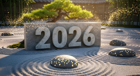 Welcome the coming year with this stunning visual, blending the tranquility of a Japanese garden with the promise of 2026. Perfect for aspirational projects.の素材