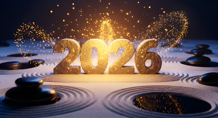 Radiant 2026 numerals bloom in a peaceful zen garden, inviting reflection on new journeys, mindful progress, and the promise of a bright, illuminated future.の素材