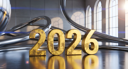 Gleaming golden '2026' numbers command attention in a sleek, modern space, symbolizing future achievements and boundless possibilities for your next project.の素材