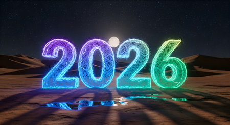 Experience the vibrant glow of '2026' in a surreal desert night, a luminous symbol of future possibilities and the exciting journey ahead.の素材