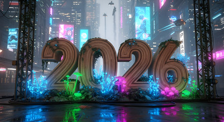 Experience the future with this captivating 2026 cityscape, illuminated by vibrant neon lights and futuristic vehicles, showcasing a unique blend of nature and technology.の素材