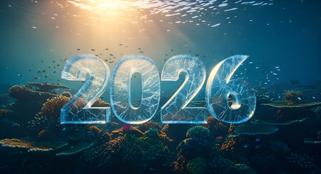 Dive into the future with stunning 2026 ice numbers, surrounded by vibrant coral and shimmering fish. Sunlight streams down, creating a magical, hopeful underwater scene perfect for New Year or any forward-looking theme.の素材