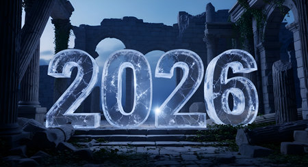 Embrace the future with striking 2026 ice numbers emerging from ancient, weathered ruins, blending past grandeur with new beginnings.の素材