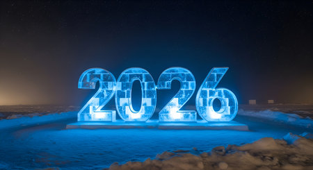 Ring in the new year with this breathtaking 2026 ice sculpture, glowing under a celestial night sky, perfect for festive celebrations.の素材