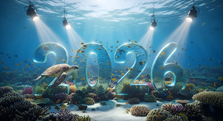 Dive into a breathtaking underwater spectacle as 2026 emerges amidst a vibrant coral reef, a majestic sea turtle swims by, and schools of fish create a magical, serene scene.の素材