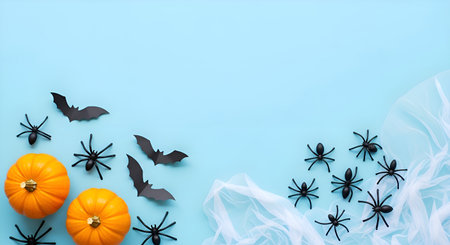 Capture the eerie charm of Halloween with this festive flat lay! Featuring playful pumpkins, spooky bats, and creepy crawly spiders, it's perfect for invitations, decor, or any seasonal design project.の素材