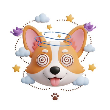 A whimsical 3D illustration of a corgi's head, depicted with dizzy spirals in its eyes and a halo of swirling lines above its head. The corgi's tongue is sticking out playfully. The illustration is surrounded by small, stylized clouds, stars, and purple bird-like shapes, all arranged in a dotted circular pattern. The entire composition is isolated on a clean white background, emphasizing the playful and slightly disoriented expression of the dog.の素材