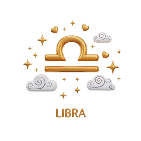 A 3D illustration featuring the golden Libra zodiac symbol, depicted with a balanced scale. The symbol is surrounded by fluffy white clouds and sparkling golden stars, all presented as an isolated object on a clean white background. The word 'LIBRA' is also rendered in a golden, 3D font below the symbol.の素材
