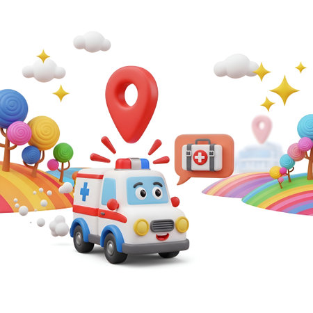 A charming 3D illustration featuring a playful toy ambulance with flashing blue and red lights. A prominent red location pin hovers above the ambulance, suggesting a destination or emergency call. The scene is set against a clean white background, with whimsical elements like colorful trees, fluffy clouds, and sparkling stars adding a touch of fantasy. A small screen displaying a medical cross icon is also visible, reinforcing the theme of healthcare or emergency services. The entire composition is presented as an isolated object on a white background, making it ideal for various design applications.の素材