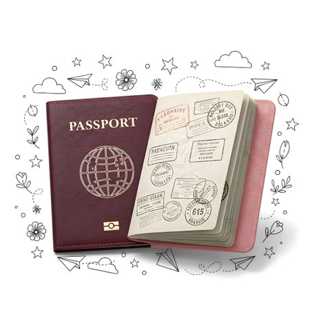 A 3D illustration depicting a passport, with some pages open to reveal stamps. The object is isolated on a clean white background, surrounded by a whimsical, hand-drawn border of travel-related icons and doodles.の素材
