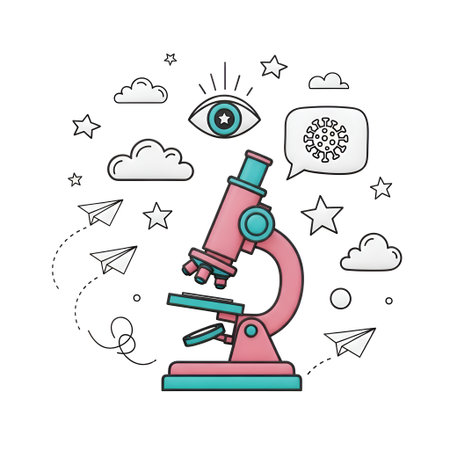 A whimsical 3D illustration featuring a pink and teal microscope as the central element. Surrounding the microscope are various scientific and imaginative icons, including a stylized eye, a speech bubble containing a snowflake or crystal structure, clouds, stars, and paper airplanes. The entire composition is presented as an isolated object on a clean white background, suggesting a focus on discovery, learning, and imagination.の素材