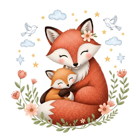 A heartwarming illustration of a mother fox hugging her baby surrounded by flowers and birds. Perfect for designs celebrating love, family, and nature.の素材