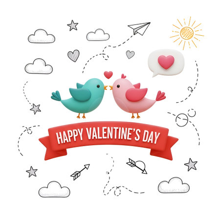 Two adorable birds share a kiss under a 'Happy Valentine's Day' banner, surrounded by charming doodles of clouds, hearts, and stars, radiating love and joy.の素材
