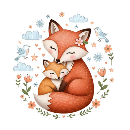 A charming illustration of a mother fox embracing her baby fox, surrounded by delicate flowers and birds, perfect for nature-themed designs and heartwarming greetings.の素材