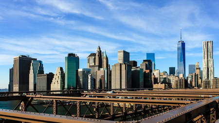 New York City skyline over Brooklyn Bridgeの写真素材