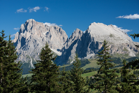 View to long and Plattkofel, Dolomites, South Tyrol Italyの写真素材