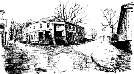 The view from the street to the building with two columns in the Empire style,the main entrance is framed by a porticoのイラスト素材
