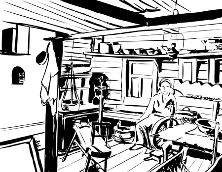 Wooden peasant hut with a stove and utensils on the bench a woman in a headscarfのイラスト素材