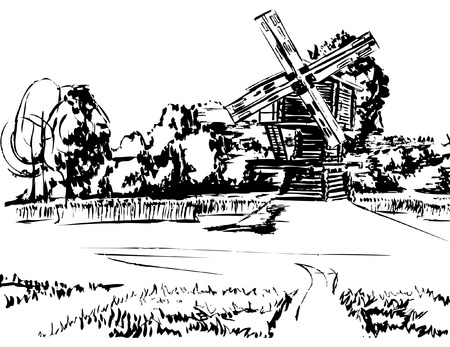 Wooden windmill on the background of the forest, through the field the road to itのイラスト素材