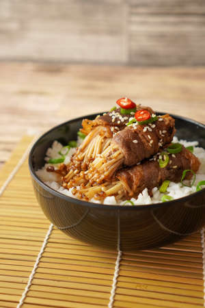 Japanese Teriyaki Beef Enoki Rice Bowl