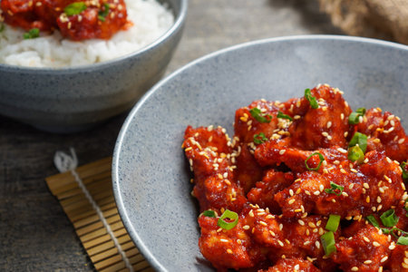 Yangnyeom Tongdak (Korean Spicy Fried Chicken)
Sweet and Spicy Chicken in spicy sauce with rice on wooden background.の写真素材